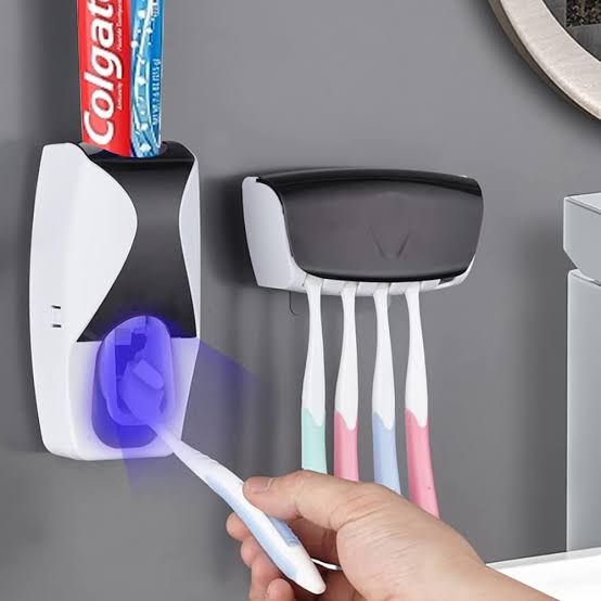 Set of Toothpaste Dispenser & Toothbrush Holder - White Automatic Toothpaste Dispenser and Toothbrush Holder Set Wall Mounted Toothpaste Dispenser with 5 Toothbrush Holder Set Toothpaste Squeezing Machine Toothpaste Dispenser Tooth brush Holder set