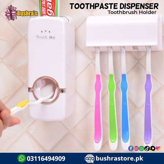 Set of Toothpaste Dispenser & Toothbrush Holder - White Automatic Toothpaste Dispenser and Toothbrush Holder Set Wall Mounted Toothpaste Dispenser with 5 Toothbrush Holder Set Toothpaste Squeezing Machine Toothpaste Dispenser Tooth brush Holder set